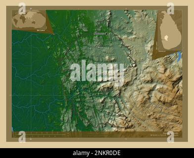 Kegalle, district of Sri Lanka. Colored elevation map with lakes and rivers. Locations and names of major cities of the region. Corner auxiliary locat Stock Photo