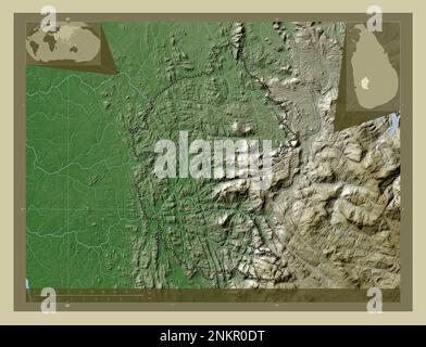 Kegalle, district of Sri Lanka. Elevation map colored in wiki style with lakes and rivers. Corner auxiliary location maps Stock Photo