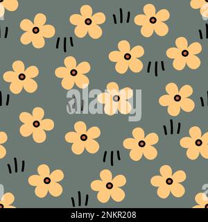Raster floral seamless pattern. Hand drawn yellow flowers with black outline on gray background. Cute botanical backdrop Stock Photo