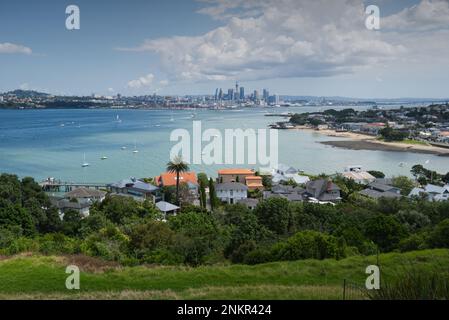 View of Devonport and Auckland skyline from North Head, Auckland, North Island, New Zealand Stock Photo