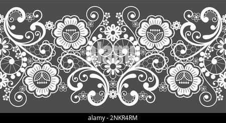 Vintage lace seamless vector long pattern, ornamental repetitive design with flowers and swirls in white on gray background Stock Vector