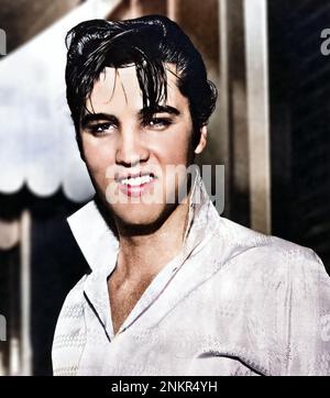 Elvis Presley portrait, 1950s, colorized and AI enhanced Stock Photo