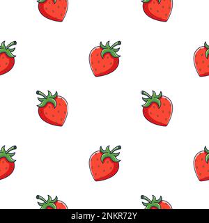 Cute red Strawberry seamless pattern in doodle style.. Vector hand drawn cartoon Strawberry illustration. Hand drawn Sketch of Strawberry. Pattern for kids clothes. Stock Vector