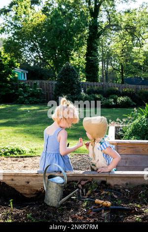 Two girls by raised bed in back yard Stock Photo