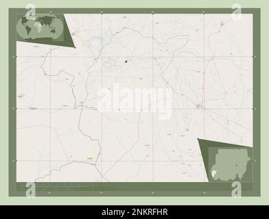 Central Darfur, state of Sudan. Open Street Map. Locations of major cities of the region. Corner auxiliary location maps Stock Photo