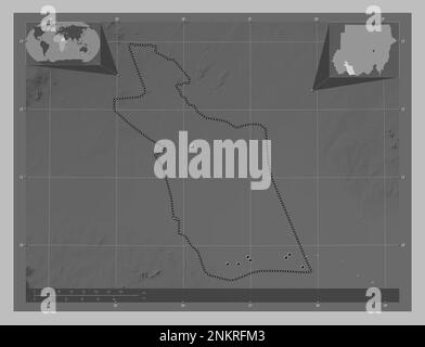 East Darfur, state of Sudan. Grayscale elevation map with lakes and rivers. Locations of major cities of the region. Corner auxiliary location maps Stock Photo