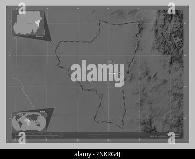 Kassala, state of Sudan. Grayscale elevation map with lakes and rivers. Locations and names of major cities of the region. Corner auxiliary location m Stock Photo