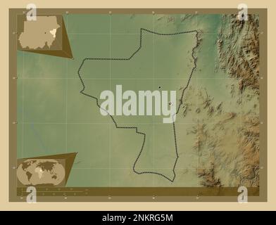 Kassala, state of Sudan. Colored elevation map with lakes and rivers. Locations of major cities of the region. Corner auxiliary location maps Stock Photo