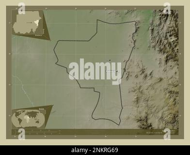 Kassala, state of Sudan. Elevation map colored in wiki style with lakes and rivers. Locations and names of major cities of the region. Corner auxiliar Stock Photo