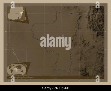 Kassala, state of Sudan. Elevation map colored in sepia tones with lakes and rivers. Locations and names of major cities of the region. Corner auxilia Stock Photo