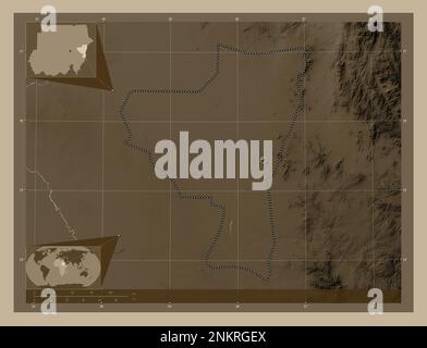 Kassala, state of Sudan. Elevation map colored in sepia tones with lakes and rivers. Corner auxiliary location maps Stock Photo