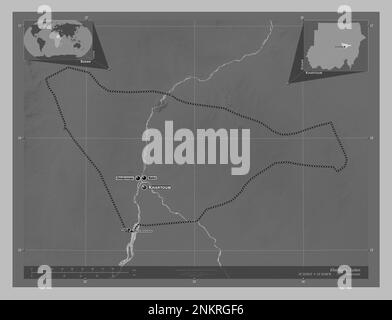 Khartoum, state of Sudan. Grayscale elevation map with lakes and rivers. Locations and names of major cities of the region. Corner auxiliary location Stock Photo