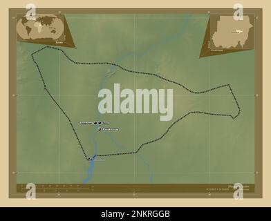Khartoum, state of Sudan. Colored elevation map with lakes and rivers. Locations and names of major cities of the region. Corner auxiliary location ma Stock Photo