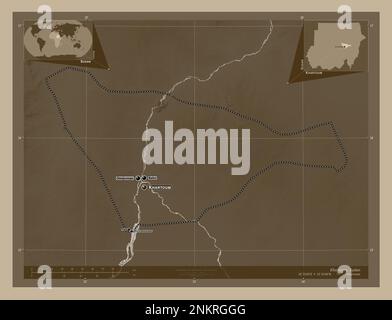 Khartoum, state of Sudan. Elevation map colored in sepia tones with lakes and rivers. Locations and names of major cities of the region. Corner auxili Stock Photo