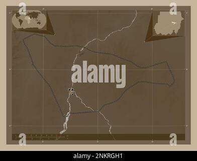 Khartoum, state of Sudan. Elevation map colored in sepia tones with lakes and rivers. Locations of major cities of the region. Corner auxiliary locati Stock Photo