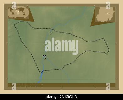 Khartoum, state of Sudan. Colored elevation map with lakes and rivers. Locations of major cities of the region. Corner auxiliary location maps Stock Photo