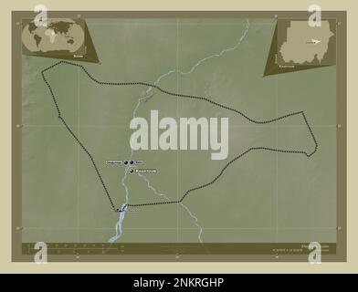 Khartoum, state of Sudan. Elevation map colored in wiki style with lakes and rivers. Locations and names of major cities of the region. Corner auxilia Stock Photo