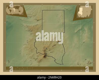 North Darfur, state of Sudan. Colored elevation map with lakes and rivers. Locations of major cities of the region. Corner auxiliary location maps Stock Photo