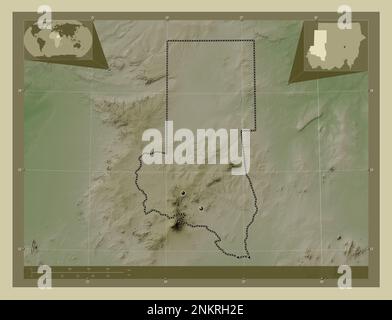 North Darfur, state of Sudan. Elevation map colored in wiki style with lakes and rivers. Locations of major cities of the region. Corner auxiliary loc Stock Photo