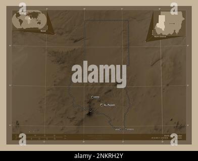 North Darfur, state of Sudan. Elevation map colored in sepia tones with lakes and rivers. Locations and names of major cities of the region. Corner au Stock Photo