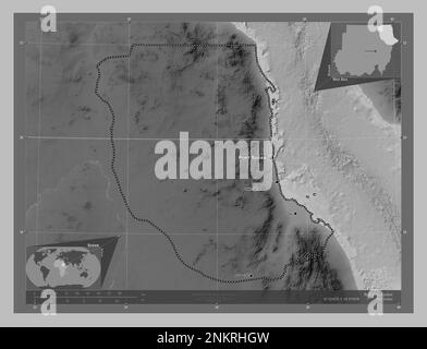 Red Sea, state of Sudan. Grayscale elevation map with lakes and rivers. Locations and names of major cities of the region. Corner auxiliary location m Stock Photo
