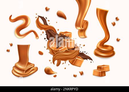 Realistic caramel, peanut butter splash. Toffee candies, swirl of chocolate cream, 3d brown candy, smudge and puddle isolated elements, confectionery Stock Vector