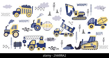 Cute kids excavator, truck and bulldozer. Doodle style drawing city toys like tractor and concrete mixer, boho little boy cars, colorful baby print. V Stock Vector