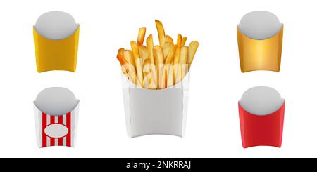 3D French fries box branding. Potato sticks or chips. Grilled food. Realistic yellow or red paper mockup. Crispy frites. Junk meal. Fastfood cardboard Stock Vector