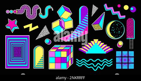 Trippy space stickers. Trendy neon shapes. Vintage 90s acid icons. Minimal funny arch with ladder. Creative geometry 80s. Colorful cube and triangle. Stock Vector