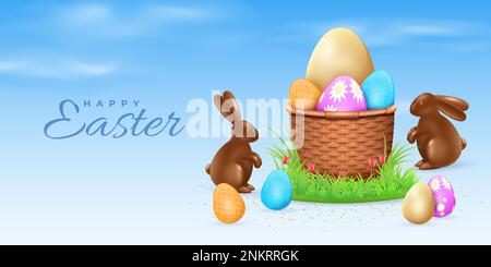 3d happy easter egg basket. Modern layout with religious nest, spring holidays sale promo. Chocolate rabbits and patterned eggs. Minimal web poster te Stock Vector