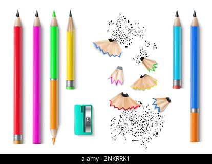Realistic school stationery. Colorful pencils, sharpener, eraser and shaves. 3d creative tools, rubber and wood, education isolated on white backgroun Stock Vector