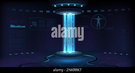 3d magic stage, lab digits. Futuristic planet space, product for tech show, ai and rv holograms, digital platform. Digital energy magic hole tunnel, c Stock Vector