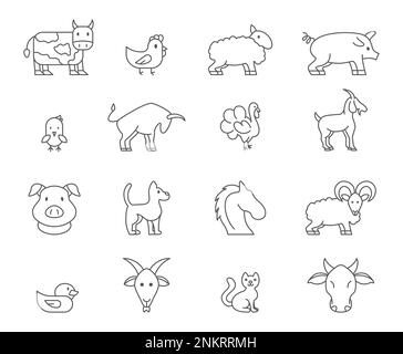 Farm cattle. Domestic animal. Livestock or poultry icons. Line chicken and sheep. Cow signs. Pig and cow symbols. Turkey bird. Farming horse. Meat lik Stock Vector