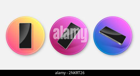 3D isometric phone mockup. Modern gadgets. Colorful gradient circle badges design. Graphic smartphone apps. Blank cellphone display with mobile applic Stock Vector