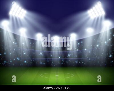 Football stadium. Soccer playground with lighting projectors. World cup night arena. Building on green field. Spotlight rays. Championship game. Bokeh Stock Vector