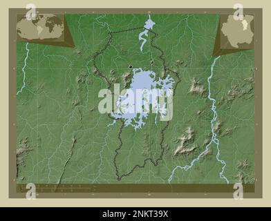 Brokopondo, district of Suriname. Elevation map colored in wiki style with lakes and rivers. Locations of major cities of the region. Corner auxiliary Stock Photo