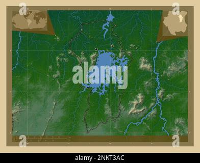 Brokopondo, district of Suriname. Colored elevation map with lakes and rivers. Locations of major cities of the region. Corner auxiliary location maps Stock Photo