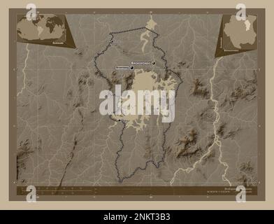 Brokopondo, district of Suriname. Elevation map colored in sepia tones with lakes and rivers. Locations and names of major cities of the region. Corne Stock Photo