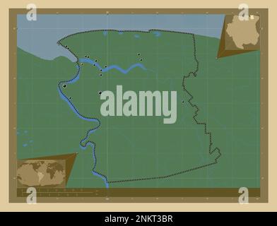 Commewijne, district of Suriname. Colored elevation map with lakes and rivers. Locations of major cities of the region. Corner auxiliary location maps Stock Photo