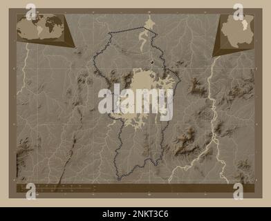 Brokopondo, district of Suriname. Elevation map colored in sepia tones with lakes and rivers. Corner auxiliary location maps Stock Photo