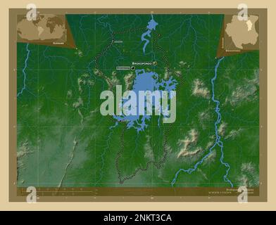 Brokopondo, district of Suriname. Colored elevation map with lakes and rivers. Locations and names of major cities of the region. Corner auxiliary loc Stock Photo