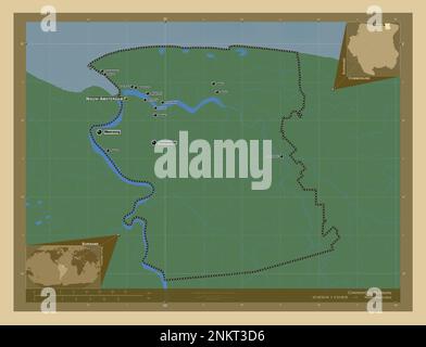 Commewijne, district of Suriname. Colored elevation map with lakes and rivers. Locations and names of major cities of the region. Corner auxiliary loc Stock Photo