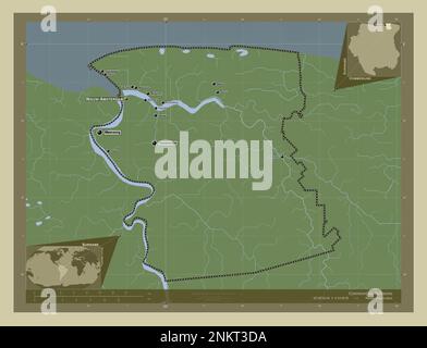 Commewijne, district of Suriname. Elevation map colored in wiki style with lakes and rivers. Locations and names of major cities of the region. Corner Stock Photo