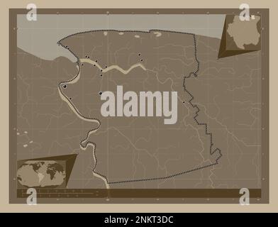 Commewijne, district of Suriname. Elevation map colored in sepia tones with lakes and rivers. Locations of major cities of the region. Corner auxiliar Stock Photo