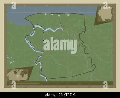 Commewijne, district of Suriname. Elevation map colored in wiki style with lakes and rivers. Locations of major cities of the region. Corner auxiliary Stock Photo