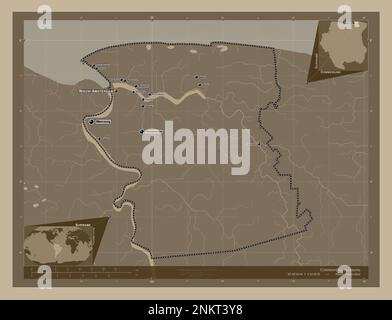 Commewijne, district of Suriname. Elevation map colored in sepia tones with lakes and rivers. Locations and names of major cities of the region. Corne Stock Photo