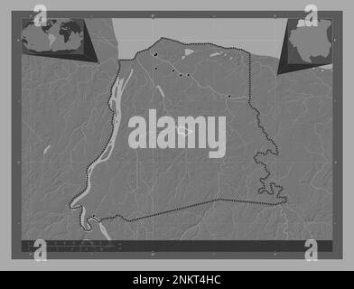 Nickerie, district of Suriname. Bilevel elevation map with lakes and rivers. Locations of major cities of the region. Corner auxiliary location maps Stock Photo