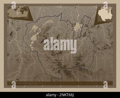 Sipaliwini, district of Suriname. Elevation map colored in sepia tones with lakes and rivers. Corner auxiliary location maps Stock Photo