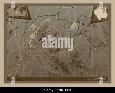 Sipaliwini, district of Suriname. Elevation map colored in sepia tones with lakes and rivers. Locations and names of major cities of the region. Corne Stock Photo