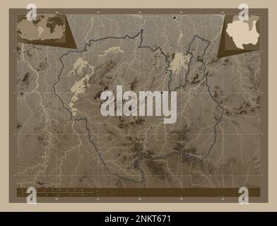 Sipaliwini, district of Suriname. Elevation map colored in sepia tones with lakes and rivers. Locations of major cities of the region. Corner auxiliar Stock Photo